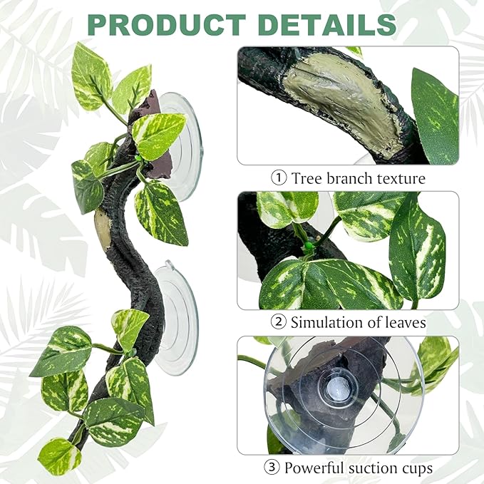 Fhiny Snake Climbing Branch, 2 PCS Resin Reptile Branches for Climbing with Suction Cups Frog Terrarium Plants Reptile Tank Decor Accessories for Frog Corn Snake Lizard Bearded Dragon Gecko Fhiny