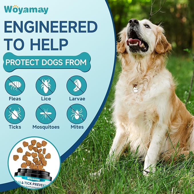 Flea and Tick Prevention for Dogs Chewables, 200 Soft Treats, Natural Dog Flea and Tick Treatment, Oral Flea Pills for Dogs Supplement, Flea and Tick Chews for Dogs Puppies, All Breeds & Sizes Woyamay