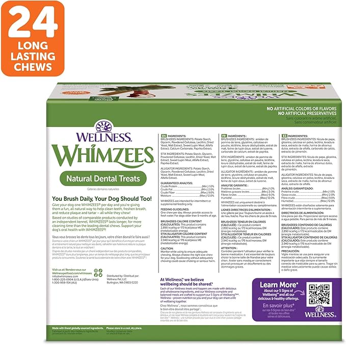 WHIMZEES by Wellness Long lasting Dog Chews Value Box: All Natural Grain Free Treats to Help Clean Teeth & Reduce Plaque & Tartar - for Dogs 40-60 Lbs - 24 Count - PAWPICO