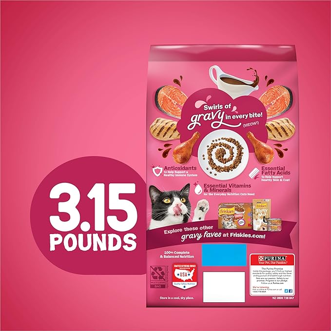 Purina Friskies Dry Cat Food Gravy Swirl'd With Flavors of Chicken, Salmon and Gravy - 3.15 lb. Bag Friskies