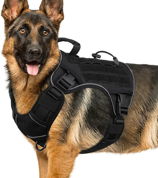 WINGOIN Black Tactical Dog Harness for Large Dogs No Pull Adjustable Reflective Military Pet Harness with Easy Control Handle with Hook & Loop Panels for Walking Hiking Training(XL) WINGOIN