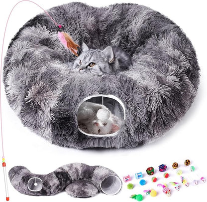 Odoland Cat Tunnels for Indoor Cats with Fluffy Plush Central Cat Couch and 20 Cat Toys, Tunnel Bed for Cats with Hanging Ball, Detachable Soft Mat and Variety Kitty Toy Set, Grey - PAWPICO