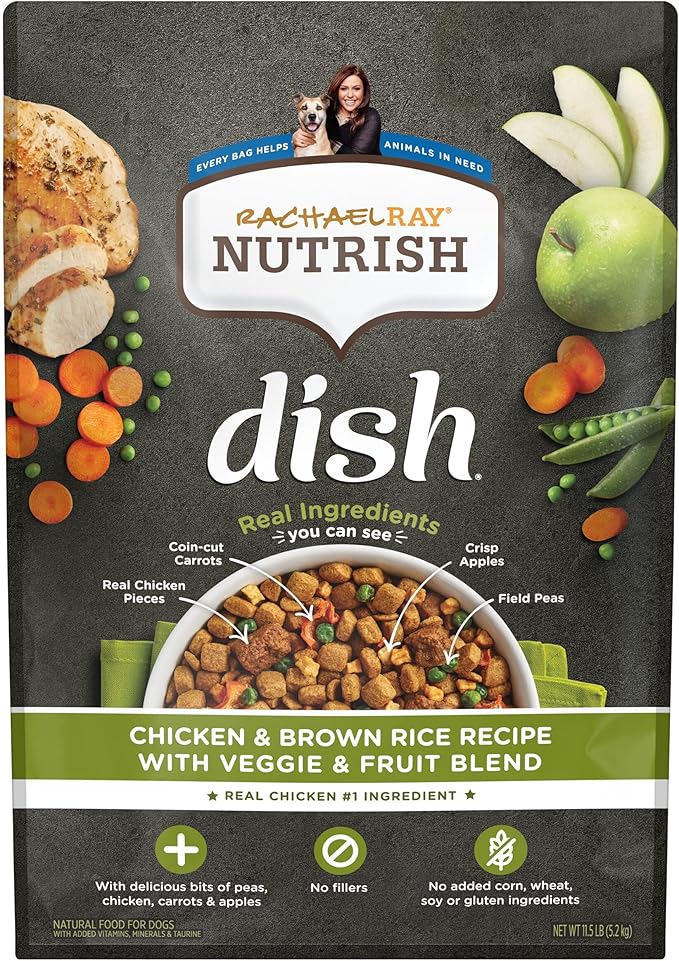 Nutrish Rachael Ray Dish Premium Natural Dry Dog Food with Added Vitamins, Minerals & Taurine, Chicken & Brown Rice Recipe with Veggies & Fruit, 11.5 Pound Bag - PAWPICO