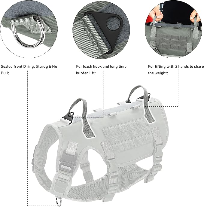 Forestpaw Tactical Dog Harness for Large Dogs,Tactical Dog Collar with Bungee Leash Set,No Pull Military Dog Harness for Dog Walking Training,Adjustable for Medium Large Dogs,Gray L Forestpaw
