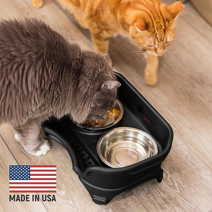 Neater Feeder - Express Model - Mess-Proof Cat Bowls (Cat, Black) – Made in USA – Elevated, No Spill, Non-Tip, Non-Slip, Raised Stainless Steel Food & Water Pet Bowls - PAWPICO