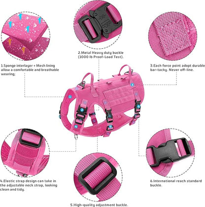 Forestpaw Pink Tactical Dog Harness for Large Dogs,Tactical Dog Collar with Bungee Leash Set,No Pull Military Dog Harness for Dog Walking Training,Adjustable for Medium Large Dogs,M Forestpaw