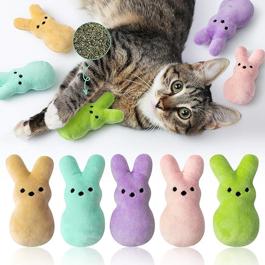 MALLMALL6 5Pcs Easter Bunny Catnip Toys Gift for Cat, Indoor Cat Chew Bite Kick Plush Colorful Rabbit Peeps Catmint Pet Toys for Cat Lover Gifts, Cute Interactive Cat Toy for Pet Presents - PAWPICO