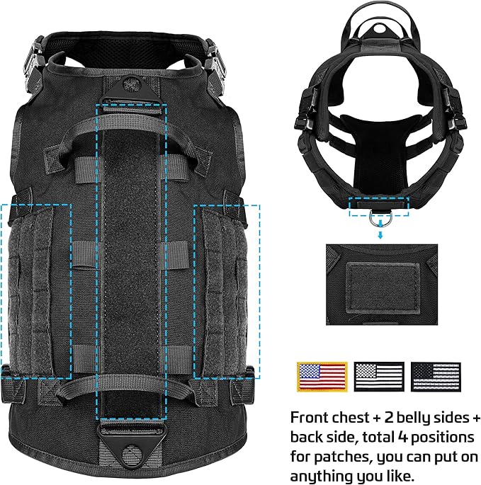 Forestpaw Tactical Dog Harness for Large Dogs,Tactical Dog Collar with Bungee Leash Set,No Pull Military Dog Harness for Dog Walking Training,Adjustable for Medium Large Dogs,Black L Forestpaw
