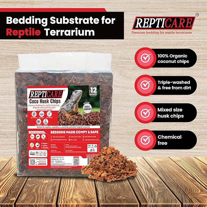 ReptiCare Coconut Husk Chips 12 Quarts of Ready to Use Organic Coco Husk Bedding for Ball Pythons, Snakes, Tortoises, Crested Geckos, Frogs, or Lizard Terrarium Tanks - 2.87 lb Gro-Med