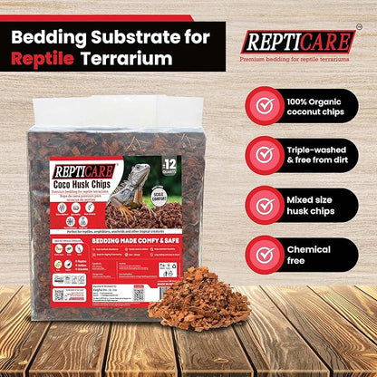 ReptiCare Coconut Husk Chips 12 Quarts of Ready to Use Organic Coco Husk Bedding for Ball Pythons, Snakes, Tortoises, Crested Geckos, Frogs, or Lizard Terrarium Tanks - 2.87 lb Gro-Med