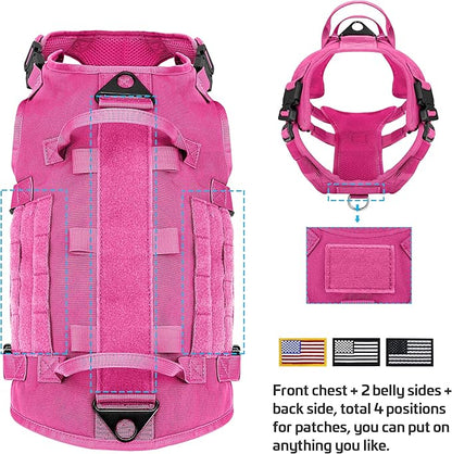 Forestpaw Pink Tactical Dog Harness for Large Dogs,Tactical Dog Collar with Bungee Leash Set,No Pull Military Dog Harness for Dog Walking Training,Adjustable for Medium Large Dogs,L Forestpaw