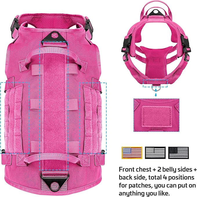 Forestpaw Pink Tactical Dog Harness for Large Dogs,Tactical Dog Collar with Bungee Leash Set,No Pull Military Dog Harness for Dog Walking Training,Adjustable for Medium Large Dogs,M Forestpaw