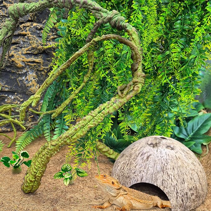 PINVNBY 10 PCS Reptile Plants Vine, Terrarium Hanging Flexible Climbing Artificial Leaves Reptile Hide, Bearded Dragon Tank Accessories, Terrarium Decor for Leopard Gecko Lizard Snake Geckos PINVNBY
