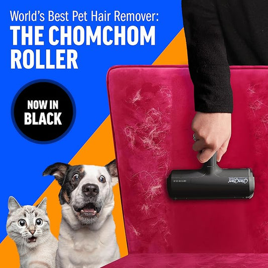 Chom Chom Roller Pet Hair Remover and Reusable Lint Roller - Black ChomChom Cat and Dog Hair Remover for Furniture, Couch, Carpet, Clothing and Bedding - Portable, Multi-Surface Fur Removal Tool - PAWPICO