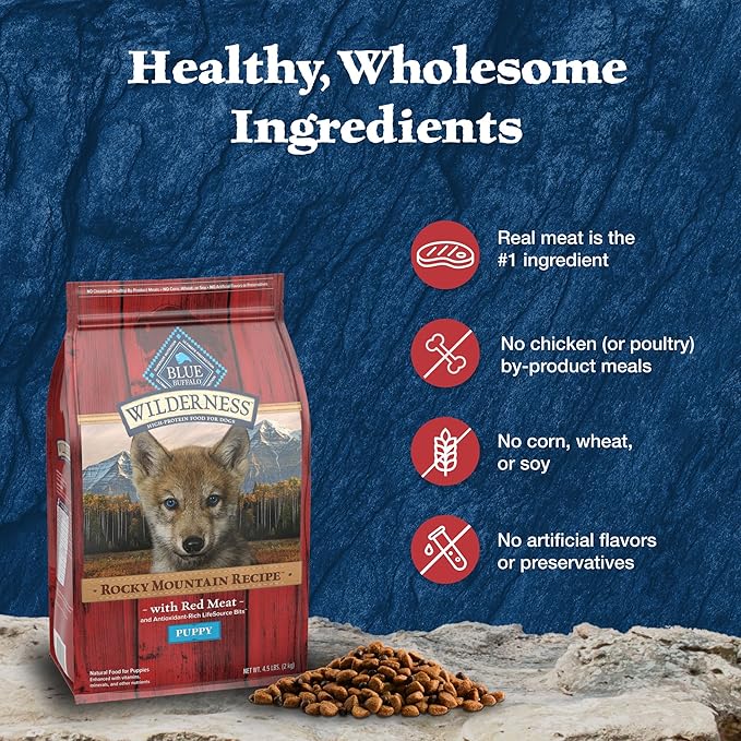 Blue Buffalo Wilderness Rocky Mountain Recipe High-Protein Dry Puppy Food with DHA, Made in the USA with Natural Ingredients Plus Wholesome Grains, Red Meat, 4.5-lb. Bag - PAWPICO