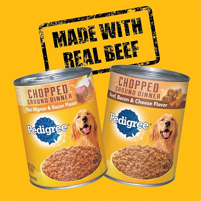 PEDIGREE CHOPPED GROUND DINNER Adult Canned Soft Wet Dog Food, Variety Pack, Filet Mignon & Bacon Flavor and Beef, Bacon & Cheese Flavor, (12) 13.2 oz. Cans - PAWPICO