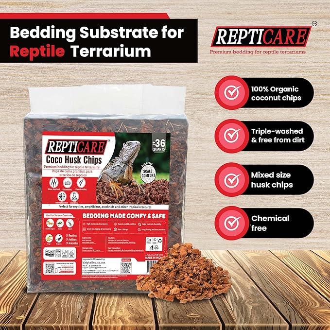 ReptiCare Coconut Husk Chips 36 Quarts of Ready to Use Organic Coco Husk Bedding for Ball Pythons, Snakes, Tortoises, Crested Geckos, Frogs, or Lizard Terrarium Tanks - 9.48 lb Gro-Med