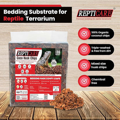 ReptiCare Coconut Husk Chips 36 Quarts of Ready to Use Organic Coco Husk Bedding for Ball Pythons, Snakes, Tortoises, Crested Geckos, Frogs, or Lizard Terrarium Tanks - 9.48 lb Gro-Med