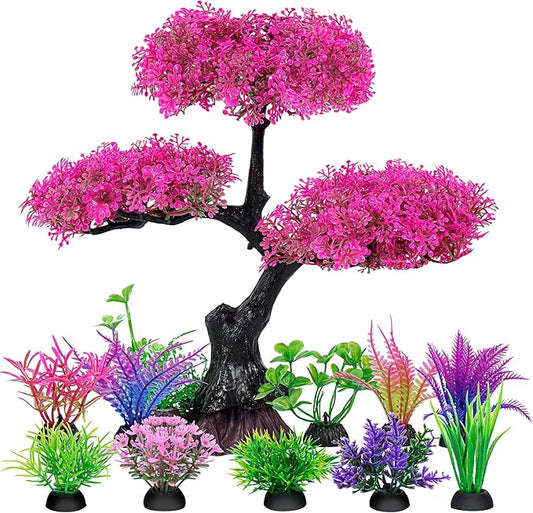 Ameliade Aquarium Artificial Plastic Plants Decoration, Pink Cherry Blossom Tree Aquarium Decor Set, Goldfish Betta Fish Tank Decorations Hides Accessories（Pink Ameliade