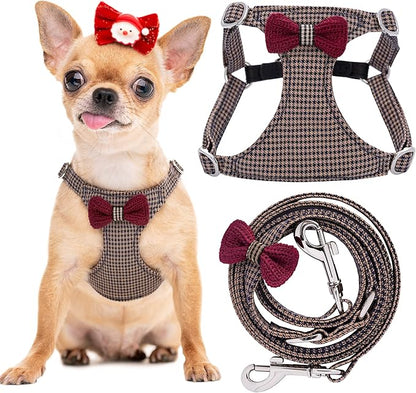 Puppytie No Pull xs Dog Harness with Multifunction Dog Leash,Soft Adjustable No Choke Escape Proof Pet Harness Vest,Knitted Brown,XXS Puppytie