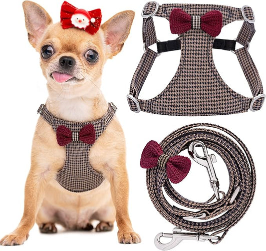 Puppytie No Pull xs Dog Harness with Multifunction Dog Leash,Soft Adjustable No Choke Escape Proof Pet Harness Vest,Knitted Brown,XXS Puppytie