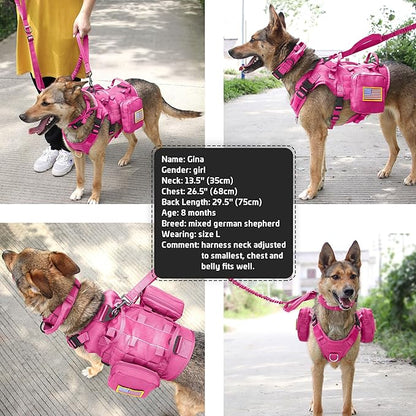 Forestpaw Pink Tactical Dog Harness for Large Dogs,Tactical Dog Collar with Bungee Leash Set,No Pull Military Dog Harness for Dog Walking Training,Adjustable for Medium Large Dogs,L Forestpaw