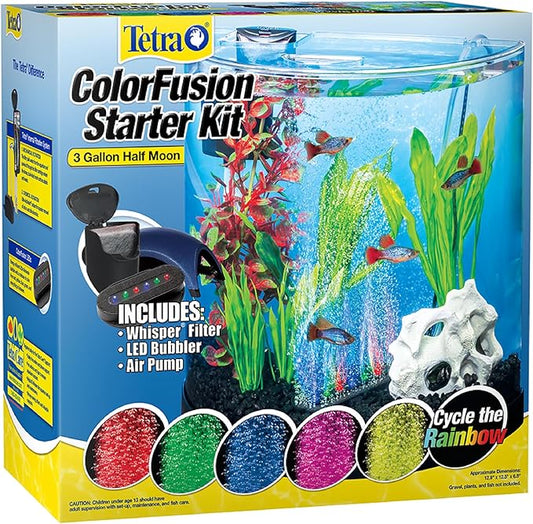 Tetra 3 Gallon Small Fish Tank, Aquarium Starter Kit, with Filter, Air pump, & Color Changing Light, Half Moon shape, for Gold Fish & Betta Tetra