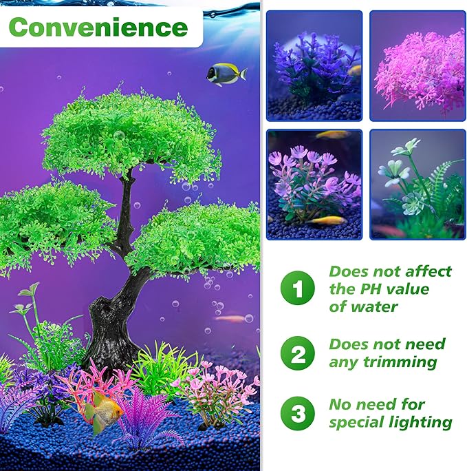 Ameliade Aquarium Artificial Plastic Plants Decoration, Aquarium Tree Decor Set, Goldfish Betta Fish Tank Decorations Hides Accessories (Green) Ameliade