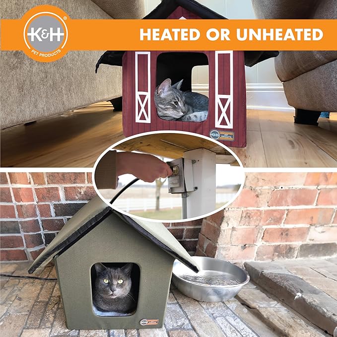 K&H Pet Products Outdoor Heated Kitty House, Outdoor Cat House for Outside Community Cats, Strays, and Ferals, Insulated Shelter, Warming Cold Weather House with Heated Pad for Winter, Olive/Olive - PAWPICO