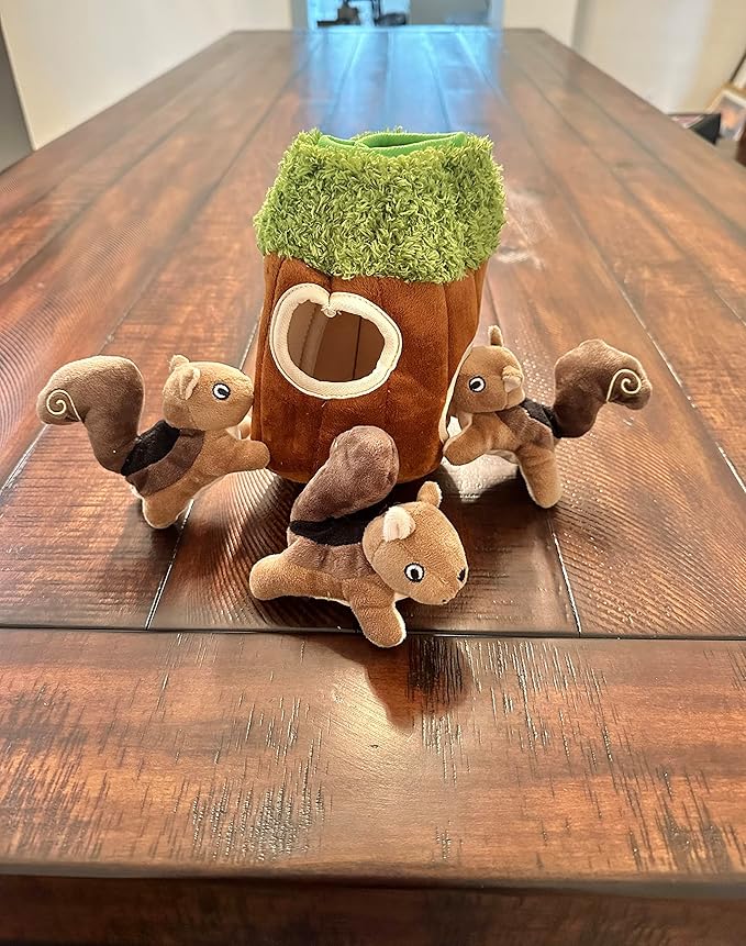 Squirrel in Tree Hide and Seek Dog Toy for Small and Medium Size Dogs, Plush Squirrel Inside Trunk Dog Toy with Squeaker, Interactive Burrow Dog Toy (Tree with Squirrels, Small) - PAWPICO