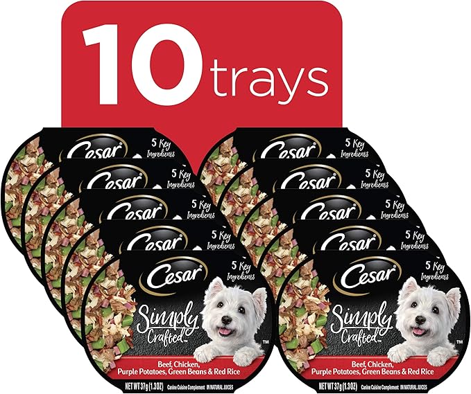 CESAR SIMPLY CRAFTED Adult Soft Wet Dog Food Meal Topper Beef, Chicken, Purple Potatoes, Green Beans & Red Rice, 1.3 oz. Tubs, (Pack of 10) - PAWPICO