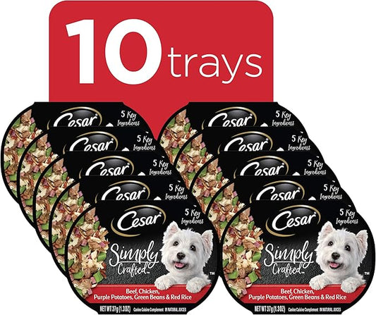 CESAR SIMPLY CRAFTED Adult Soft Wet Dog Food Meal Topper Beef, Chicken, Purple Potatoes, Green Beans & Red Rice, 1.3 oz. Tubs, (Pack of 10) - PAWPICO