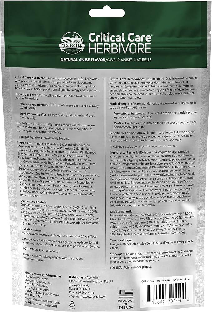 Oxbow Critical Care Herbivore - Nutritionally Complete Feeding Assist Formula for Small Animals & Pets - Critical Care Herbivore Anise (454g) OxbowAnimalHealth