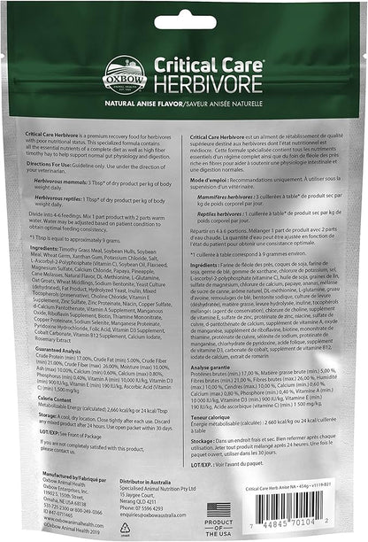 Oxbow Critical Care Herbivore - Nutritionally Complete Feeding Assist Formula for Small Animals & Pets - Critical Care Herbivore Anise (454g) OxbowAnimalHealth