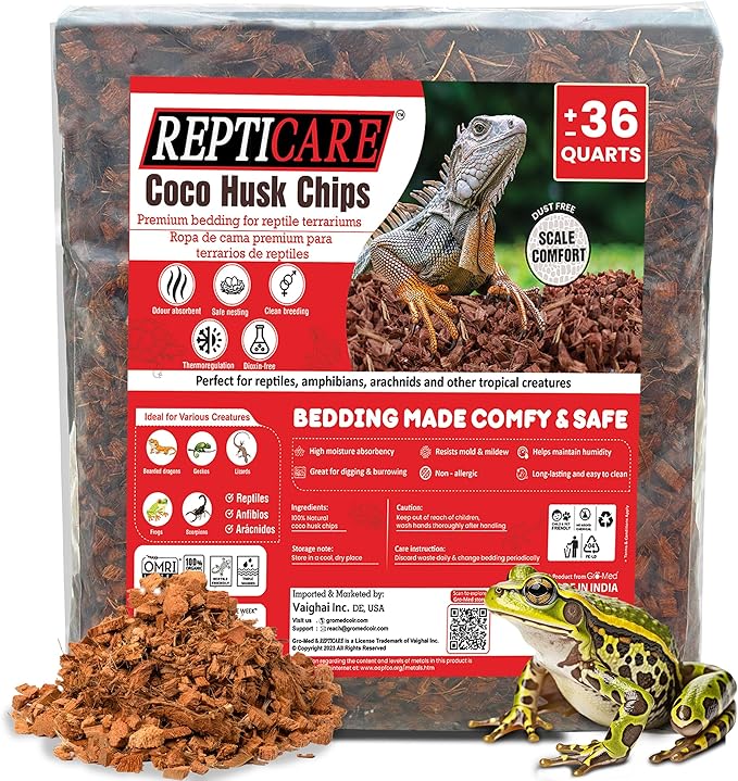 ReptiCare Coconut Husk Chips 36 Quarts of Ready to Use Organic Coco Husk Bedding for Ball Pythons, Snakes, Tortoises, Crested Geckos, Frogs, or Lizard Terrarium Tanks - 9.48 lb Gro-Med