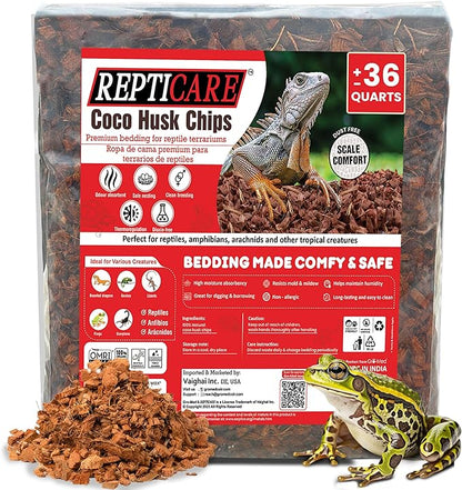 ReptiCare Coconut Husk Chips 36 Quarts of Ready to Use Organic Coco Husk Bedding for Ball Pythons, Snakes, Tortoises, Crested Geckos, Frogs, or Lizard Terrarium Tanks - 9.48 lb Gro-Med