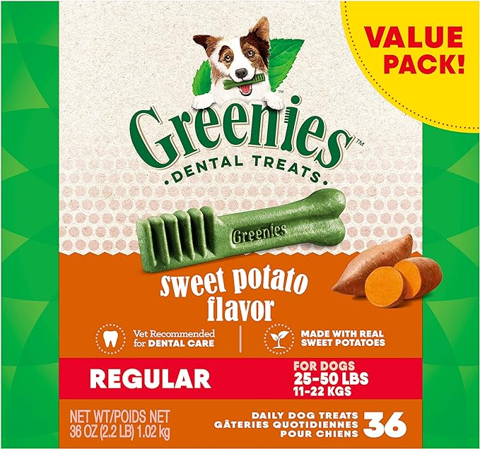 Greenies Regular Natural Dog Dental Treats, Sweet Potato Flavor, 36 oz. Pack (36 Treats) - PAWPICO