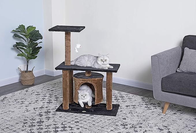 Go Pet Club Everyday Value 38in Cat Tree Kitty Scratcher Tower Kitten Condo House Furniture with Hanging Toy for Indoor Cats, Brown/Black - PAWPICO