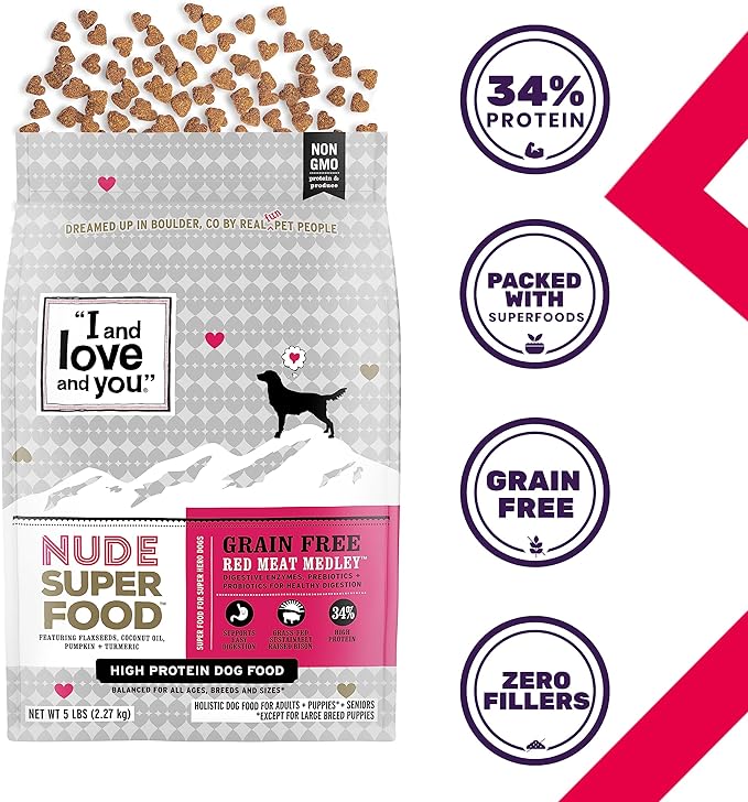 I and love and you Nude Super Food Dry Dog Food - Red Meat Medley - Prebiotic + Probiotic, Grain Free, Real Meat, No Fillers, 23lb Bag - PAWPICO