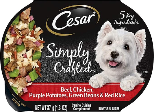 CESAR SIMPLY CRAFTED Adult Soft Wet Dog Food Meal Topper Beef, Chicken, Purple Potatoes, Green Beans & Red Rice, 1.3 oz. Tubs, (Pack of 10) - PAWPICO
