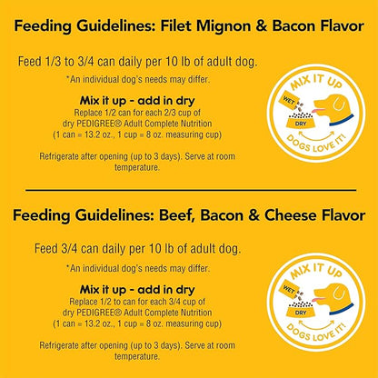 PEDIGREE CHOPPED GROUND DINNER Adult Canned Soft Wet Dog Food, Variety Pack, Filet Mignon & Bacon Flavor and Beef, Bacon & Cheese Flavor, (12) 13.2 oz. Cans - PAWPICO