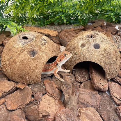 PINVNBY Natural Coconut Reptile Hideouts Lizard, Coco Hut Hermit Crab Hut Aquarium Fish Hide Cave for Small Reptile Crested Gecko Leopard Gecko Spider Snail Climber Toys (2 PCS Natural Surface) PINVNBY