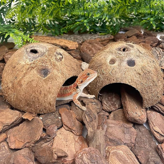 PINVNBY Natural Coconut Reptile Hideouts Lizard, Coco Hut Hermit Crab Hut Aquarium Fish Hide Cave for Small Reptile Crested Gecko Leopard Gecko Spider Snail Climber Toys (2 PCS Natural Surface) PINVNBY