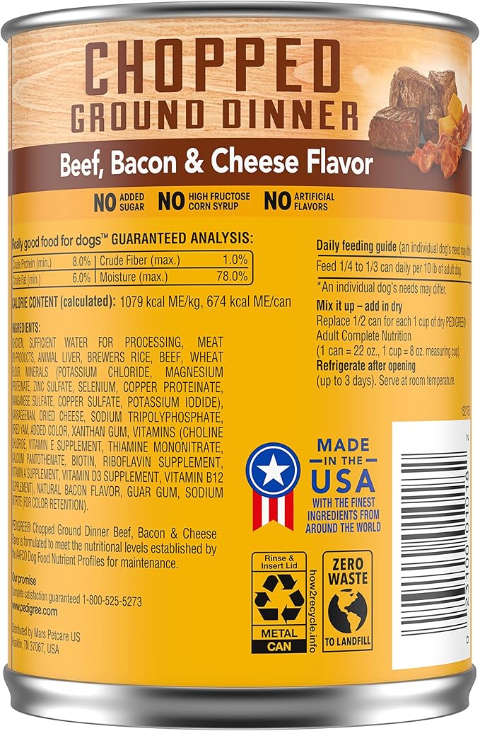 PEDIGREE CHOPPED GROUND DINNER Adult Canned Soft Wet Dog Food Beef, Bacon & Cheese Flavor, 22 oz. Cans (Pack of 12) - PAWPICO