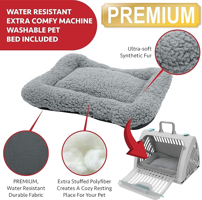 SportPet Designs Sport Pet Foldable Travel Cat Carrier with A Waterproof Bed - Front Door Plastic Collapsible Carrier, Gray (CM-10064-CS01) - PAWPICO