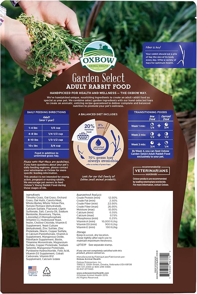 Oxbow Animal Health Garden Select Adult Rabbit Food, Garden-Inspired Recipe for Adult Rabbits, No Soy or Wheat, Non-GMO, Made in The USA, 8 Pound Bag OxbowAnimalHealth