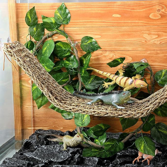 Reptile Lizard Habitat Accessories Include 29.52 x 7.08 Inch Lizard Hammock, Jungle Climber Vines Flexible Leaves Habitat Reptile Decor with Suction Cups for Bearded Dragons Iguanas and Other Reptiles Jetec