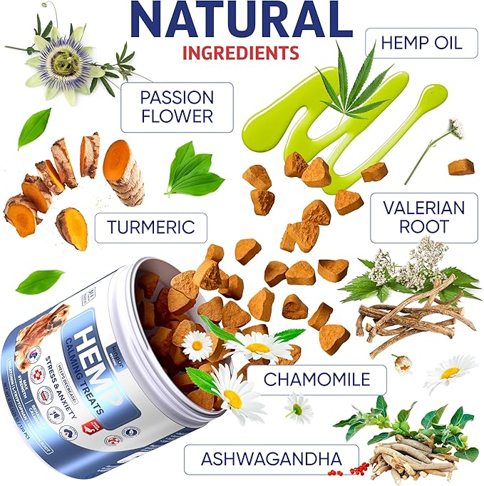 Natural Hemp Calming Chews for Dogs w/ Valerian Root & Melatonin - Mood & Behavior Aid for Fireworks, Thunderstorms, Separation - Hip Joint Health - Duck-Flavored Tasty Dog Calming Treats 120 Chews KinpurPetCare