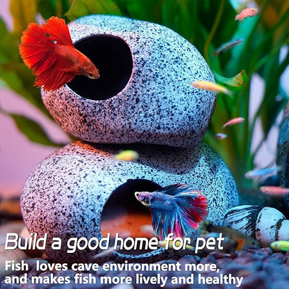 Aquarium Decorations Cave Fish Tank Accessories Rock Decor for Shrimp Cichlid Hiding Breeding Small Fish Bowl Hide Decoration Betta Toys Hideout Stones House（2pcs） Ameliade