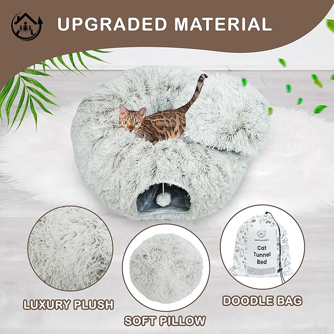 Large Cat Tunnel Bed for Indoor Cats Warm Fluffy Plush Cat Cave Tunnel Bed Collapsible, Washable, 3 Way and Multifunctional with Dangling Balls for Cats, Kittens and Rabbits- Brown - PAWPICO